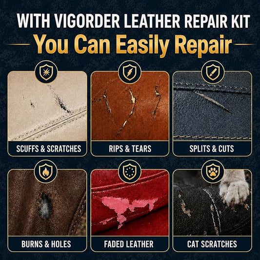 Vigorder Leather Repair Kit for Furniture, Vinyl Repair Kit for Car Interior, Sofa, Purse and Jacket, Restore Any Material with Super Easy Instructions to Fix Scratches, Tears, Holes, Peeling
