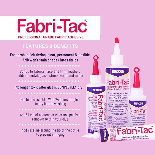 BEACON Fabri-Tac Premium Fabric Glue - Quick Drying, Crystal Clear, Permanent - for Fabrics, Canvas, Lace, Wood and More, 4-Ounce, 2-Pack