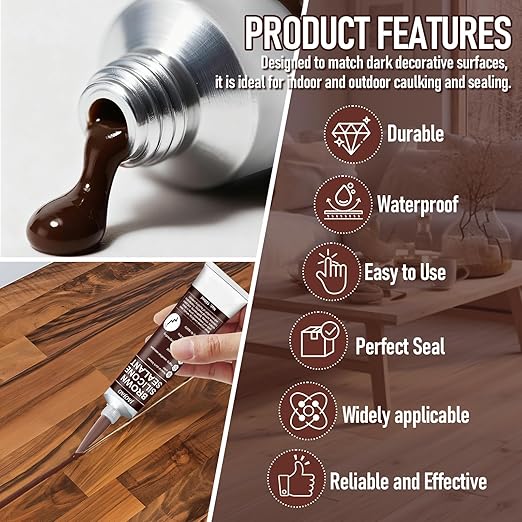 Brown Silicone Caulk, Brown Caulk Water-Resistant Adhesive Perfect Seal for Interior and Exterior Use Reliable and Effective Long-Lasting Protection for Doors Windows Siding Roofing,100g