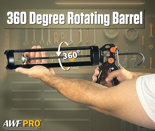 AWF PRO 29 oz Dual Thrust Caulk Gun, 25:1 or 12:1 Thrust Ratio, No Drip, Rotating Barrel, Comfort Grip, with Built-In Puncture Tool