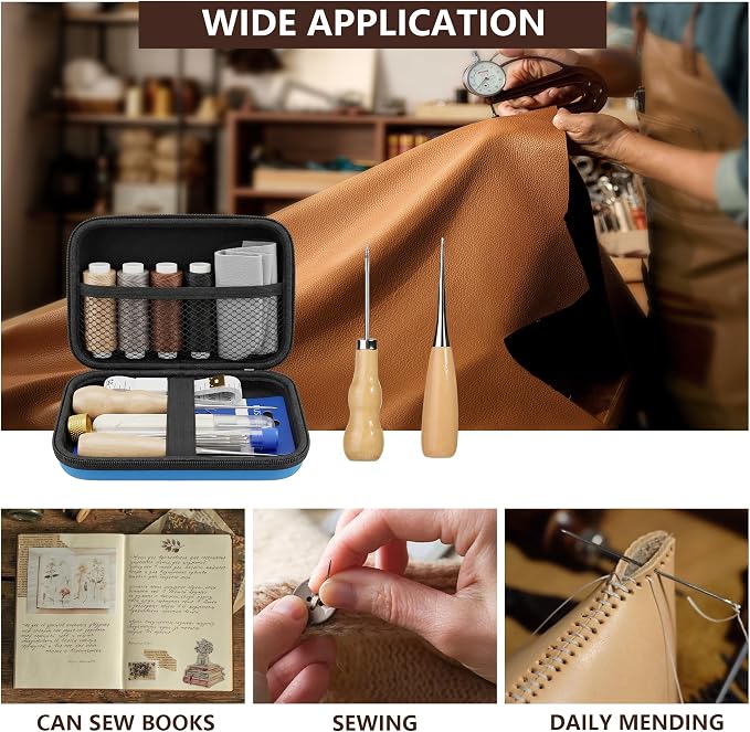 Leather Sewing & Upholstery Repair Kit with 2 Awls, Needles & Waxed Thread | for Stitching and Repairing Car Seats, Sofas, Carpets, Shoes and Bags, ideal for Canvas, Tents and DIY Leather Crafts