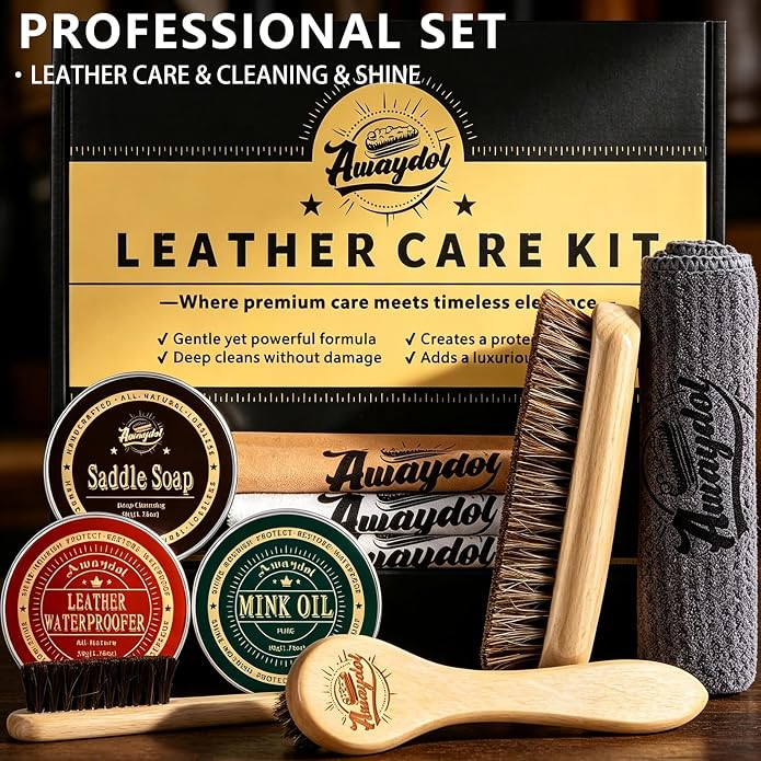 11 PCS Leather Care Kit - Horsehair Brushes,Saddle Soap,Waterproofing Wax,Mink Oil Conditioner,Polishing Cloth,Microfiber cloth,Boot Shoe Shine Cleaning Kit Gift for Men Cowboy Husband Dad 