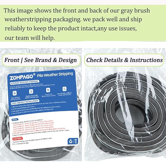 ZOMPAGO Strong Adhesive Brush Weather Stripping 2 Rolls 0.9in (T)x 0.4in (W) x 33FT, Door Seal for Sliding Windows & Doors,Soundproof Noise Blocker,Draft Stopper for Garage Door Frame & Exterior Doors