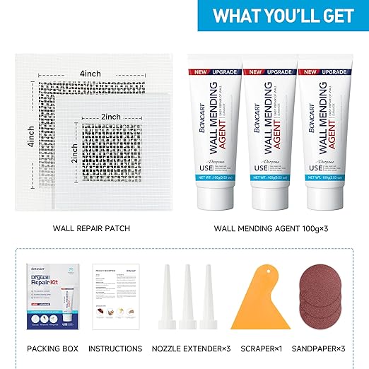 BONCART Drywall Repair Kit, Spackle Wall Repair Kit, 3 Pack Wall Mending Agent Putty, Wall Repair Paste Plaster for Wall Crack/Nail Hole, Wall Hole Filler with 2inch 4inch Wall Patch