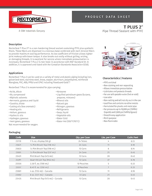RectorSeal T Plus 2 23631 Pipe Thread Sealant, Non-Hardening, PTFE Enriched, Plumbing, 1/4 Pint