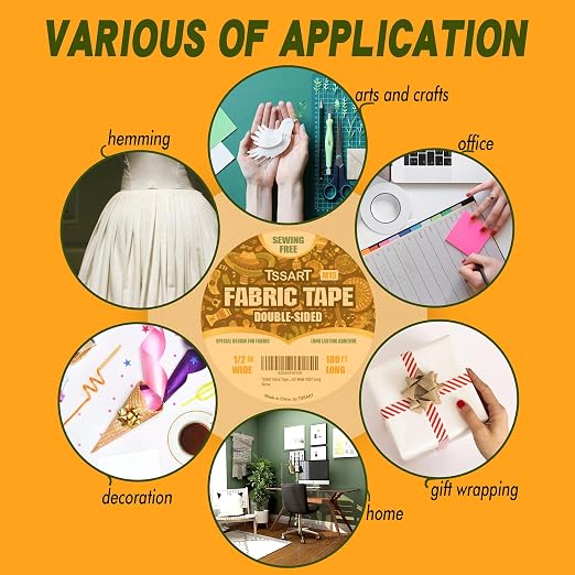 Fabric Tape M15 - Sticky Double-Sided Tape Strong Adhesive Cloth Leather Tape Press-on Tape, No Sewing or Ironing, Gluing, Alterations and Hemming - 1/2inch Wide 180FT Long