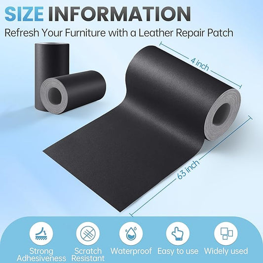 Leather Repair Patch Tape Kit, 4" x 63" Self Adhesive Leather Repair Patch for Furniture, Vinyl Leather Repair Kit for Car Seat, Chairs, Couch, Sofa, Boat Smooth Black
