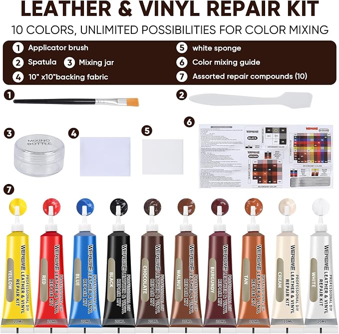 Leather & Vinyl Repair Kit, DIY Color Repair for Cracks,Scratches,10 Color | Blendable Colors; Flexible Formula; Strong Adhesion; Smooth Finish; Fast Drying; Long-Lasting Repair