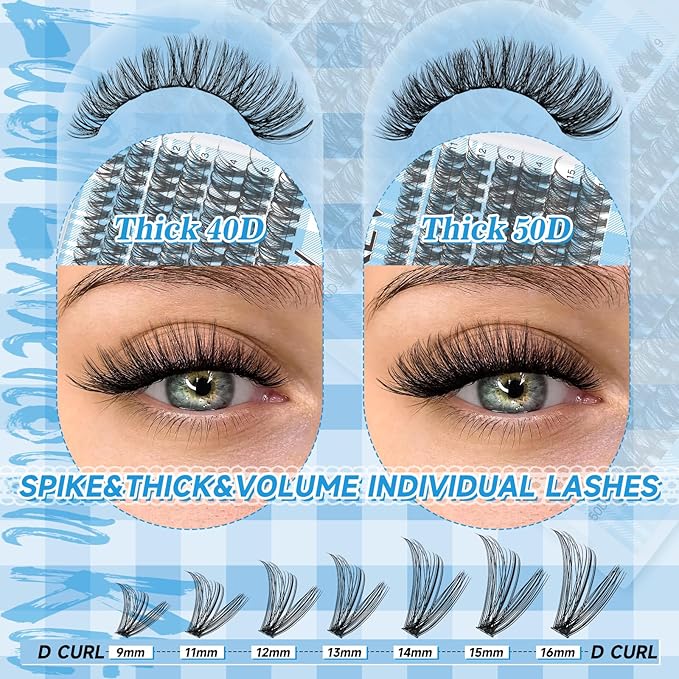 Lash Extension Kit 280Pcs Lash Clusters 40D+50D Eyelash Clusters Kit Individual Lashes With Lash Bond and Seal Tweezers For DIY Lashes (40D+50D,9-16mm)