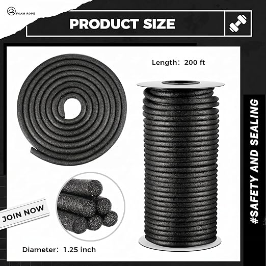 MotiMind 1.25 Inch x 200 ft Foam Backer Rod for Gaps Joints Concrete Crack Filler Caulk Saver Bulk Foam Backing Rod Concrete Filler Rope for Weather Stripping Door Seal(Black)