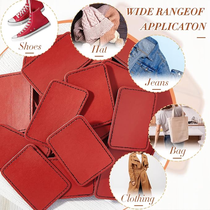 Dunzy 60 Pcs Leather Hat Patches Blank Leatherette Hat Patch with Adhesive Rectangle Laserable Leatherette Patch for Hats Custom Fabric Sew Laser Engraving DIY(Red,3 x 2 Inch)