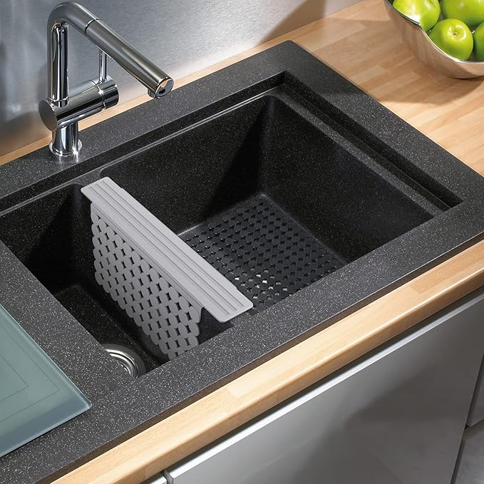 Bligli Plastic Sink Saddle, Sink Divider Mat with Strong Suction Cups, Kitchen Divided Sink Protector Mat for Glassware Dishes, Easy to Clean and No Smell, 9.5" x 12", Grey