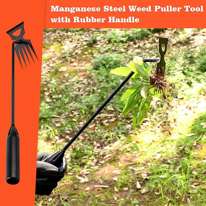 BokingOne Weed Puller Tool Garden Weed Pulling Tool, 4-Tine Manganese Steel Weeder Tool - Black Coated Forged Portable Garden Hand Weeder for Farm, Orchard & Garden (2Pack)