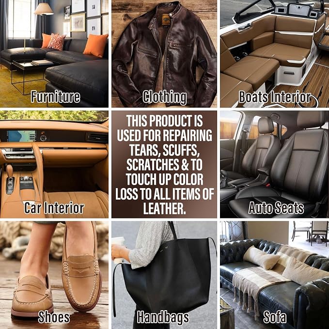 Leather Repair Kit for Furniture, Sofa, Jacket, Car Seats and Purse. Vinyl Repair Kit. Super Easy Instructions to Match Any Color, Restore Any Material, Bonded, Italian, Pleather, Genuine