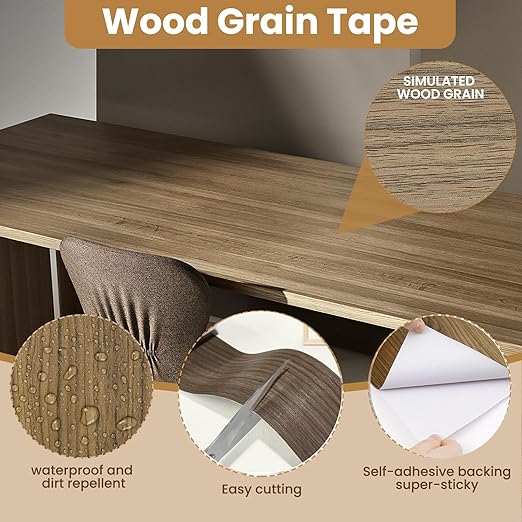 Wood Grain Repair Tape, 5.9 inch X 32ft Self Adhesive Wood Colored Tape for Tables, Chairs, Baseboards, Doors, Windows, Floors, Handicraft DIY.