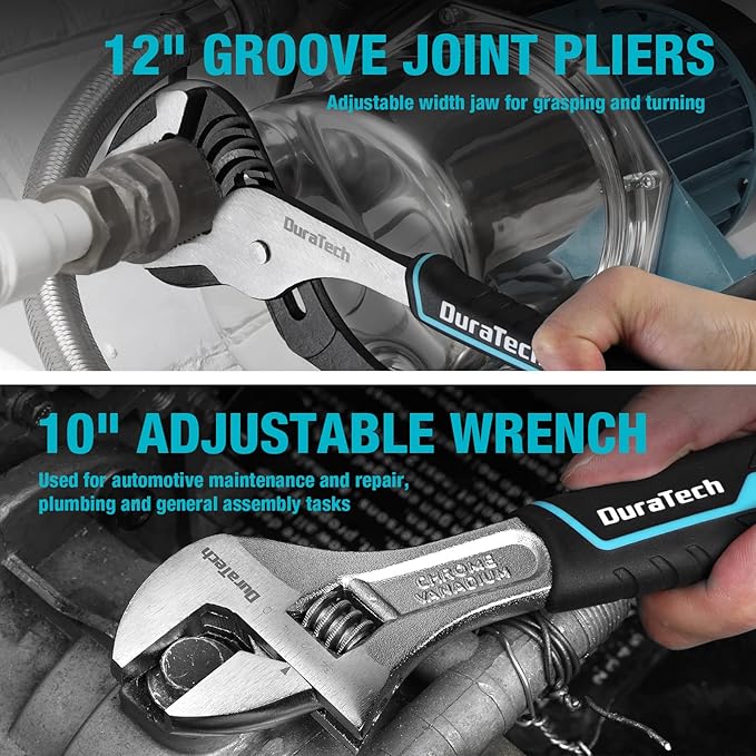 DURATECH 8-Piece Pliers Set with Rolling Pouch, Premium Cr-V/Cr-Ni Construction, (12", 10", 8" Groove Joint Pliers, 8" Adjustable Wrench, 8" Linesman, 6" Long Needle Nose, 6" Slip Joint, 6" Diagonal)