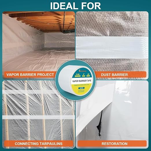 Golden Fox Vapor Barrier Tape, 4 Pack 4'' x 180' Roll, 9 Mil White Polyethylene Moisture and Vapor Barrier Seam Tape for Crawl Spaces, Marine Use, Insulation Tape, Underlayment & More, Waterproofing