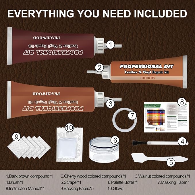 Leather Repair Kit - Restores Faux,Vinyl,Artificial and Real Leather,Sofa,Jacket,Car Seats and Purse.Professional Results,Repairs Burn Holes,Scratches,Tears (Brown)