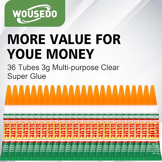 WOUSEDO 36 X 3g Super Glue Clear, Strong Adhesive,Super Glue Fast Drying Cyanoacrylate Glue for Wood,Rubber,Leather, Plastic, Metal, Rhinestone Jewelry, DIY Crafts and More