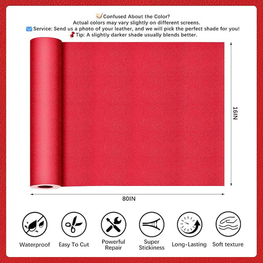 Red Leather Repair Tape, 16x80 Inch Leather Repair Patch Self-Adhesive, Waterproof Faux Leather Patch, Vinyl Repair Tape for Couch, Sofas, Furniture, Office Chair, Car Seats