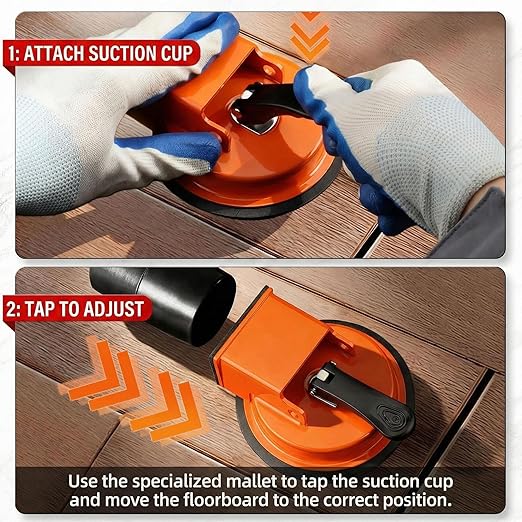 Floor Gap Fixer Tool with Vacuum Suction Cup, Heavy Duty Gap Repair Tool with 4 Reusable Sticky Pads for Laminate, Hardwood, Tile & PVC Floors (Orange)