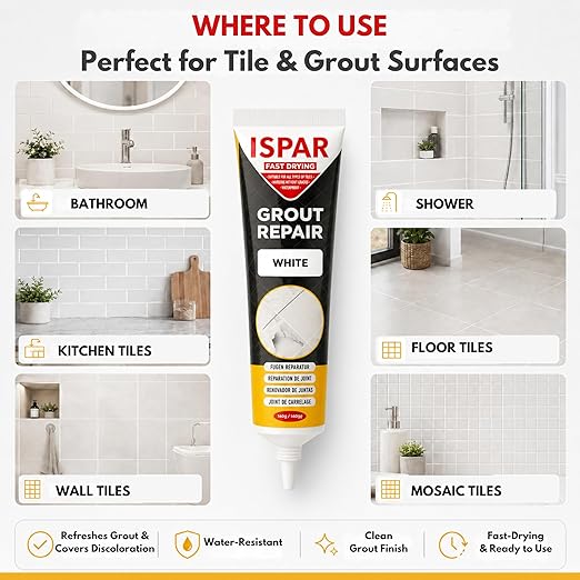 ISPAR Tile Grout Repair Kit – Gray Grout Filler 8.8 oz, Pre-Mixed Grout Repair Paste, Ready to Use Tile Joint Filler for Bathroom & Shower Tile, Includes Spatula