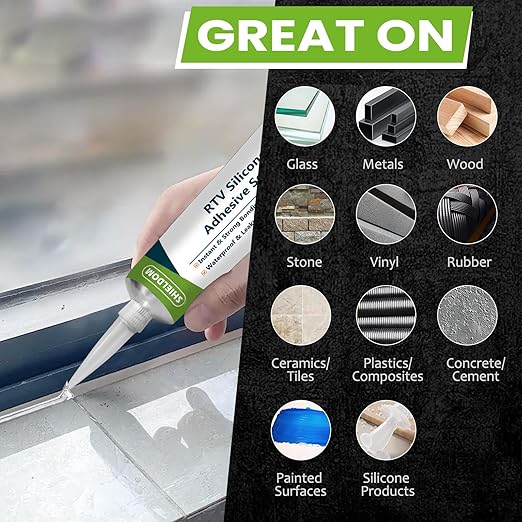 SHIELDOM RTV Silicone Adhesive Sealant 100% Silicone Sealer All-Purpose Caulk Waterproof Stronger Adhesion, Shrink & Crack Proof Caulking for Car, Kitchen, Window, Bathroom, Door (White, 3.4 Fl. Oz.)