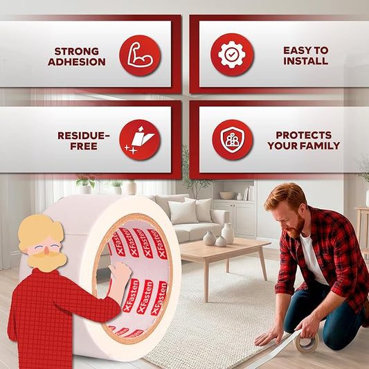 XFasten Double Sided Carpet Tape for Area Rugs, 2 Inch x 10 Yards 1-Inch Core – Heavy Duty Anti Slip Rug Grip Tape, Works as Rug Gripper, Wood Safe, Easy Removal for Hardwood and Laminate Floors