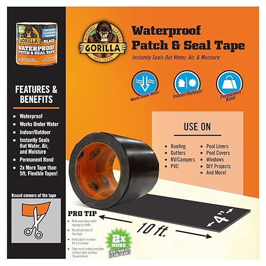 Gorilla Waterproof Patch & Seal Tape,Black Tape,4" x 10' - Permanent Weather Resistant Seal for Leaks and Repairs,(Pack of 16)