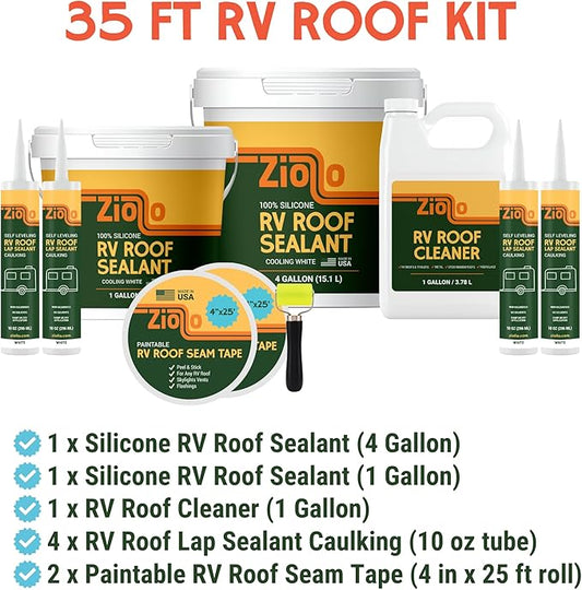 Ziollo RV 35 FT Roof Repair Kit - Roof Repair Kit to Seal and Waterproof, Bond to EPDM Rubber with Sealant (2 Paintable Tape, 4 pk Caulking, 1 Cleaner and 1G & 4G Silicone Pail)