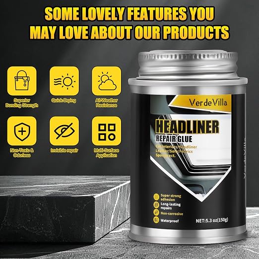 Headliner Repair Glue, Car Headliner Adhesive with Brush, Car Roof Liner Fabric Adhesive, Upholstery Glue for Cars,Headliner Repair Kit, Suitable for Automotive interiors, Fabric, Leather,150ml