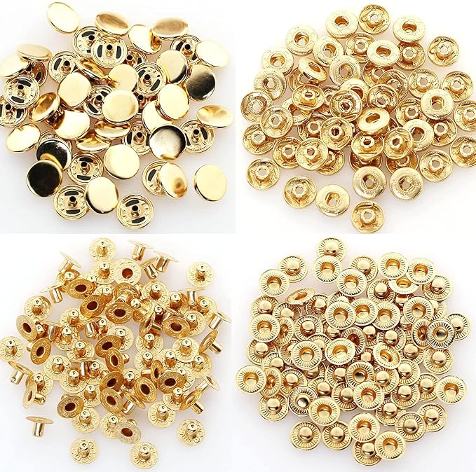 BetterJonny 24 Sets Heavy Duty Leather Snap Fasteners Kit, 10mm Metal Snap Buttons Press Studs Leather Rivets Snaps with 4 Setter Tools for Clothes Bracelet Jackets Jeans Gold