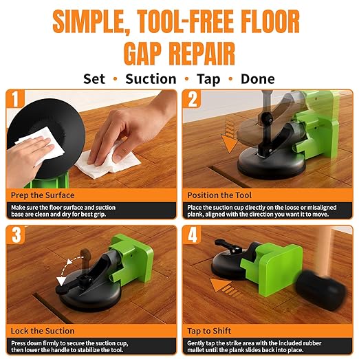 Floor Gap Fix Tool Kit with Suction Cup & Rubber Mallet, Floating Floor Fixer Tool Repair for Laminate, LVP & Engineered Wood, Includes Silicone Pad for Textured Surfaces