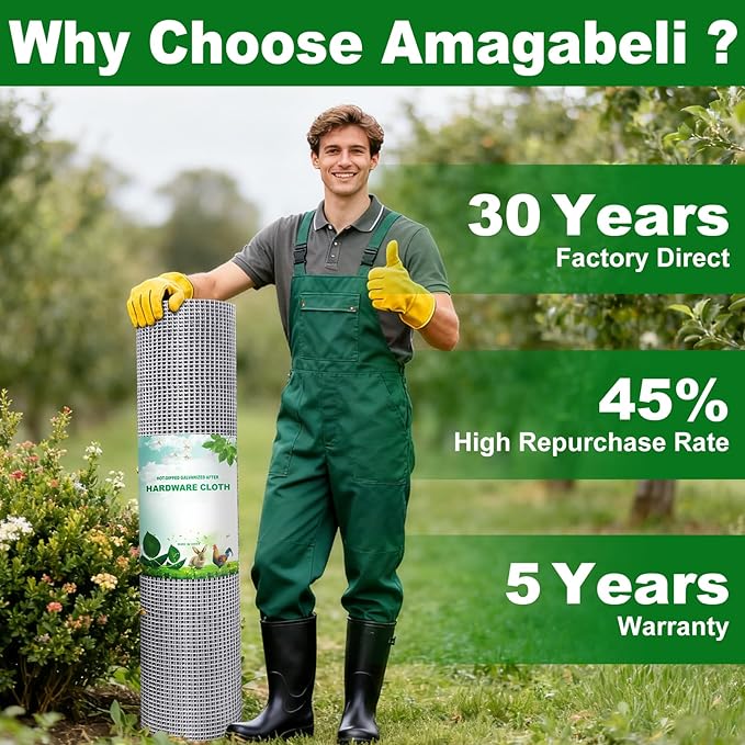 AMAGABELI GARDEN & HOME 48x50 Hardware Cloth 1/4 inch Square Galvanized Chicken Wire Welded Fence Mesh Roll Raised Garden Bed Plant Supports Poultry Netting Cage Wire Snake Fence