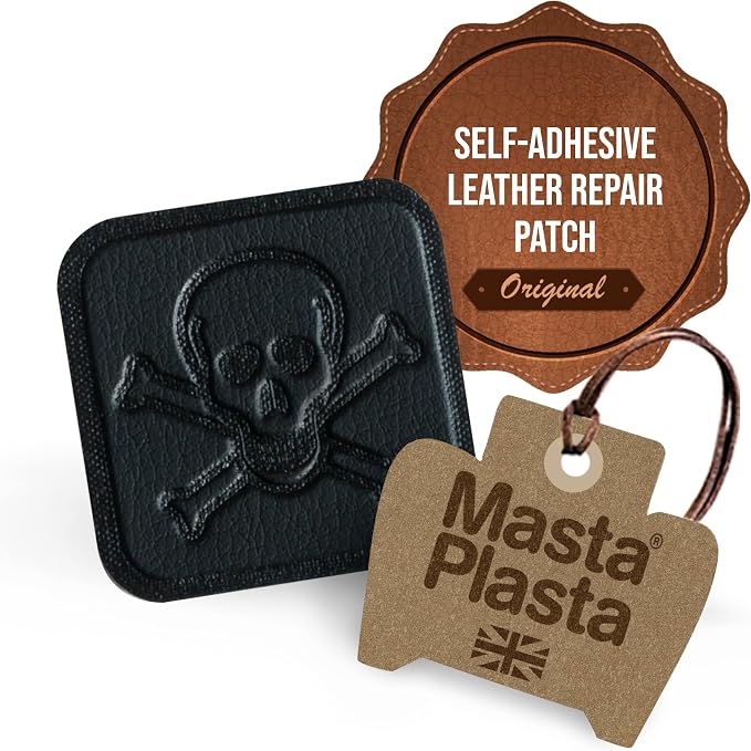 MastaPlasta Instant Self-Adhesive Premium Leather Repair Patch. Black Pirate 2 x 2 Inch (5cm x 5cm). DIY Upholstery-Quality Patches for Couches, Car Interiors, Bags