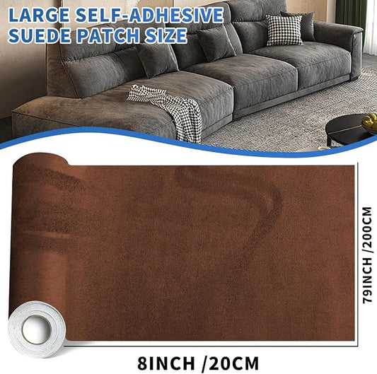 Suede Repair Patch, 8x79 inch Large Faux Suede Leather Fabric,Self-Adhesive Fabric Patches for Furniture, Couch, Sofa, Car Interior, Shoes, Hand Bag, Jewelry Boxes (Brown)