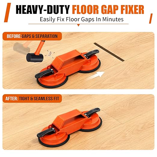Floor Gap Fixer Tool with Suction Cup, Heavy Duty Floor Gap Repair Kit for Laminate, Floating, LVP, Vinyl Plank & Hardwood Flooring, Includes Rubber Mallet, Scrape, Gloves & 6 Reusable Pads
