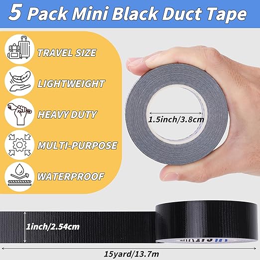 5 Pack Mini Black Duct Tape, 1" X 75 Yards Travel Size Duct Tape, Pocket Size Heavy Duty Waterproof No Residue Tear by Hand, Multi-Use for Indoor & Outdoor Repairs, travel camping DIY projects