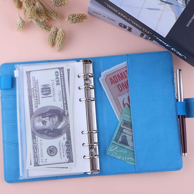 Antner A6 Binder 6 Ring Refillable Notebook Planner Cover for A6 Refill Paper, PU Leather Loose Leaf Personal Planner Money Organizer Wallet Budget Binder with Magnetic Buckle Closure, Sky Blue