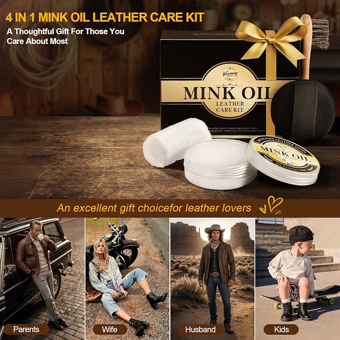 4-in-1Mink Oil Leather Conditioner and Cleaner, 3.52 oz Premium Waterproof Paste for Boots and Shoes, Leather Care Kit With Horsehair Brush, Sponge & Microfiber Cloth, Restore for Jackets Saddles Bags