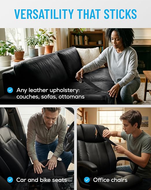 MATCH 'N PATCH Black Leather Repair Tape, 2.25" x 15' for Furniture | Realistic Faux Leather Patches for Couch, Sofa, Upholstery, Car Seat & Other Furniture, Vinyl Repair Kit, Self Adhesive Patch