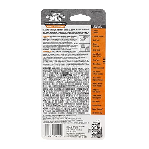 Gorilla Max Strength Construction Adhesive, Clear Glue, 2.5 Ounce Squeeze Tube (Pack of 1) - Gap Filling and Waterproof