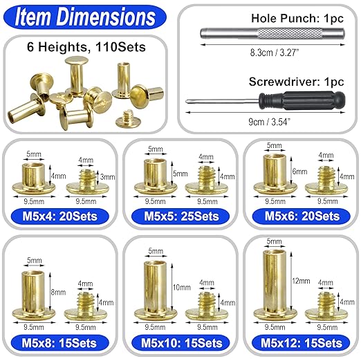 YORANYO 110Sets Chicago Screws Leather Rivets Assorted Screw Rivets Chicago Binding Screws for Decorate and Repair Leather Craft Belt Bag Shoes Purse Bookbinding (Gold, M5*4,5,6,8,10,12)