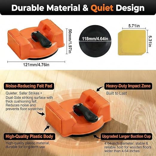 All-in-One Floor Gap Repair Kit – Heavy Duty Suction Cup Puller with Rubber Mallet, 5 Reusable Sticky Pads & Dual-Sided Striking Surface for Laminate, Hardwood & Vinyl Floors