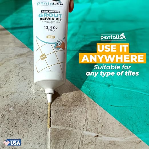 PentaUSA Tile Grout Repair Kit - Warm Beige Premixed Acrylic Sanded Grout, Water-Resistant Grout Filler for Bathroom&Shower, Kitchen Floor, Fast Drying, with Applicator, 13.4 oz (380g)