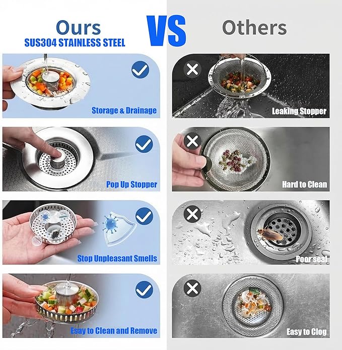 3-in-1 Kitchen Sink Drain Strainer, Pop Up Sink Stopper with Anti-Clogging Basket, 304 Stainless Steel Kitchen Sink Drain Strainer, Food Catcher for US Standard 3-1/2 inch Drain Hole