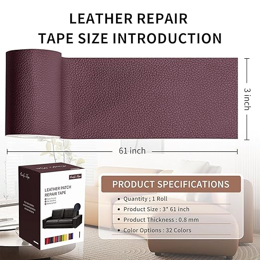 Leather Repair Patch Tape, Purple 3 x 61 Inches Self Adhesive Leather Repair Kit for Furniture, Car Seat,Vinyl Leather Repair Kit for Office Chairs, Couch, Sofa, Luggage