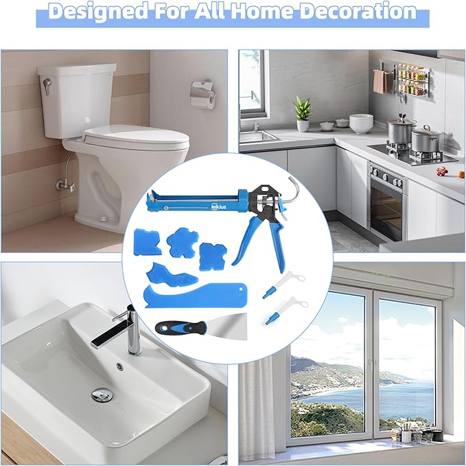Professional Caulk Guns, Heavy Duty Caulking Gun,Thrust Ratio 14:1,No-drip Rotating Barrel,10OZ Silicone Sealant gun, Come with Putty Knife,Caulk Finishing,Smoothing&Grout Removal Tool Kit