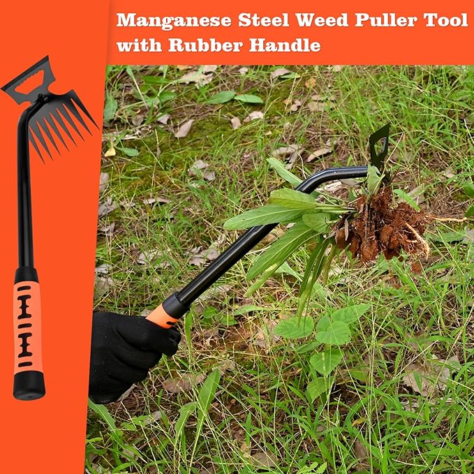 BokingOne Portable Weed Removal Tool - 8-Prong Manganese Steel with Black Baked Rust-Proof Coating for Garden Lawn Farm, Non-Slip Rubber Handle