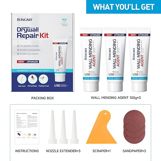 BONCART Drywall Repair Kit, Spackle Wall Repair Kit, 3 Pack Wall Mending Agent Putty, Wall Repair Paste Plaster for Wall Crack/Nail Hole, Wall Hole Filler with Scraper/Sandpaper